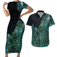 Personalised New Zealand Dart Couples Matching Short Sleeve Bodycon Dress and Hawaiian Shirt Maori Fern With Paua Shell - Polynesian Pride