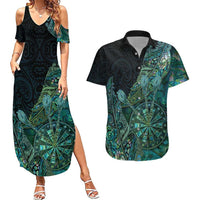 Personalised New Zealand Dart Couples Matching Summer Maxi Dress and Hawaiian Shirt Maori Fern With Paua Shell - Polynesian Pride