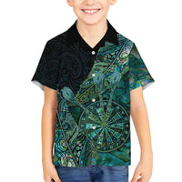 Personalised New Zealand Dart Family Matching Off Shoulder Maxi Dress and Hawaiian Shirt Maori Fern With Paua Shell DT05 Son's Shirt Green - Polynesian Pride
