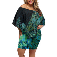 Personalised New Zealand Dart Family Matching Off Shoulder Short Dress and Hawaiian Shirt Maori Fern With Paua Shell DT05 Mom's Dress Green - Polynesian Pride