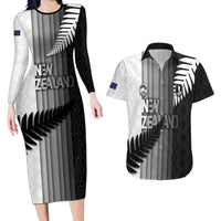 Custom New Zealand Football Couples Matching Long Sleeve Bodycon Dress and Hawaiian Shirt Silver Fern Maori Pattern Monochrome DT05 White - Polynesian Pride