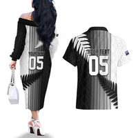 Custom New Zealand Football Couples Matching Off The Shoulder Long Sleeve Dress and Hawaiian Shirt Silver Fern Maori Pattern Monochrome DT05 - Polynesian Pride