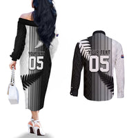Custom New Zealand Football Couples Matching Off The Shoulder Long Sleeve Dress and Long Sleeve Button Shirt Silver Fern Maori Pattern Monochrome DT05 - Polynesian Pride