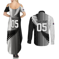 Custom New Zealand Football Couples Matching Summer Maxi Dress and Long Sleeve Button Shirt Silver Fern Maori Pattern Monochrome DT05 - Polynesian Pride