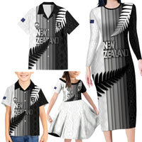 Custom New Zealand Football Family Matching Long Sleeve Bodycon Dress and Hawaiian Shirt Silver Fern Maori Pattern Monochrome DT05 - Polynesian Pride
