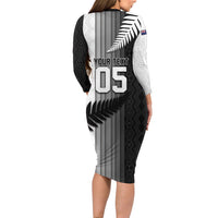 Custom New Zealand Football Family Matching Long Sleeve Bodycon Dress and Hawaiian Shirt Silver Fern Maori Pattern Monochrome DT05 - Polynesian Pride
