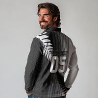 Custom New Zealand Football Long Sleeve Polo Shirt Silver Fern Maori Pattern Monochrome