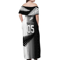 Custom New Zealand Football Off Shoulder Maxi Dress Silver Fern Maori Pattern Monochrome