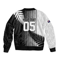 Custom New Zealand Football Sleeve Zip Bomber Jacket Silver Fern Maori Pattern Monochrome