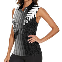 Custom New Zealand Football Women Sleeveless Polo Shirt Silver Fern Maori Pattern Monochrome DT05 - Polynesian Pride