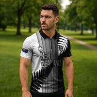 Custom New Zealand Football Zipper Polo Shirt Silver Fern Maori Pattern Monochrome