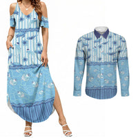 Hawaii Christmas In July Couples Matching Summer Maxi Dress and Long Sleeve Button Shirt Sky Blue Mele Kalikimaka Sea Animals DT05 Blue - Polynesian Pride