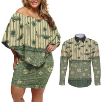 Hawaii Christmas In July Couples Matching Off Shoulder Short Dress and Long Sleeve Button Shirt Olive Green Mele Kalikimaka Sea Animals DT05 Green - Polynesian Pride