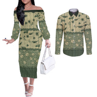 Hawaii Christmas In July Couples Matching Off The Shoulder Long Sleeve Dress and Long Sleeve Button Shirt Olive Green Mele Kalikimaka Sea Animals DT05 Green - Polynesian Pride
