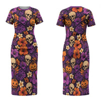 Hawaii Halloween Family Matching Short Sleeve Bodycon Dress and Hawaiian Shirt Skeleton Pumpkin Hawaiian Flower Tribal