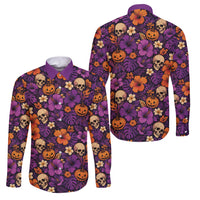 Hawaii Halloween Family Matching Short Sleeve Bodycon Dress and Hawaiian Shirt Skeleton Pumpkin Hawaiian Flower Tribal