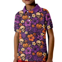 Hawaii Halloween Kid Polo Shirt Skeleton Pumpkin Hawaiian Flower Tribal DT05 Kid Purple - Polynesian Pride