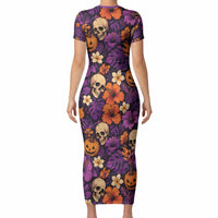 Hawaii Halloween Short Sleeve Bodycon Dress Skeleton Pumpkin Hawaiian Flower Tribal DT05 - Polynesian Pride
