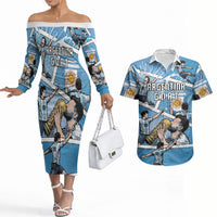 Custom Argentina Football Couples Matching Off The Shoulder Long Sleeve Dress and Hawaiian Shirt Goat Comic Style Sun Of May