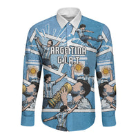 Custom Argentina Football Long Sleeve Button Shirt Goat Comic Style Sun Of May