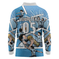 Custom Argentina Football Long Sleeve Polo Shirt Goat Comic Style Sun Of May