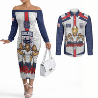 Custom England Football Couples Matching Off The Shoulder Long Sleeve Dress and Long Sleeve Button Shirt Three Lions Trophy St George Cross