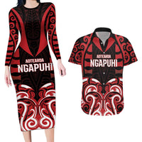 Custom Aotearoa Ngapuhi Couples Matching Long Sleeve Bodycon Dress and Hawaiian Shirt Maori Pattern New Zealand DT05 Red - Polynesian Pride
