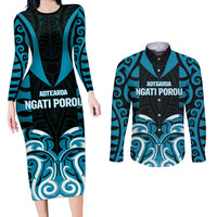 Custom Aotearoa Ngati Porou Couples Matching Long Sleeve Bodycon Dress and Long Sleeve Button Shirt Maori Pattern New Zealand DT05 Blue - Polynesian Pride