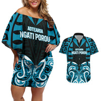 Custom Aotearoa Ngati Porou Couples Matching Off Shoulder Short Dress and Hawaiian Shirt Maori Pattern New Zealand DT05 Blue - Polynesian Pride