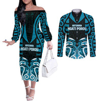 Custom Aotearoa Ngati Porou Couples Matching Off The Shoulder Long Sleeve Dress and Long Sleeve Button Shirt Maori Pattern New Zealand DT05 Blue - Polynesian Pride