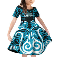 Custom Aotearoa Ngati Porou Family Matching Off Shoulder Short Dress and Hawaiian Shirt Maori Pattern New Zealand DT05 Daughter's Dress Blue - Polynesian Pride