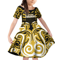 Custom Aotearoa Taranaki Family Matching Off Shoulder Short Dress and Hawaiian Shirt Maori Pattern New Zealand DT05 Daughter's Dress Yellow - Polynesian Pride