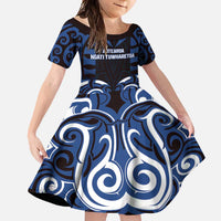 Custom Aotearoa Ngati Tuwharetoa Family Matching Summer Maxi Dress and Hawaiian Shirt Maori Pattern New Zealand DT05 Daughter's Dress Navy - Polynesian Pride