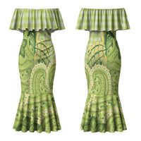 Hawaii Palaka Couples Matching Mermaid Dress and Long Sleeve Button Shirt Cute Green Mango Turtle On The Waves