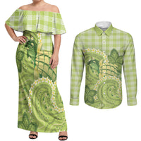 Hawaii Palaka Couples Matching Off Shoulder Maxi Dress and Long Sleeve Button Shirt Cute Green Mango Turtle On The Waves