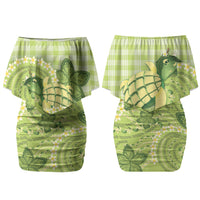Hawaii Palaka Couples Matching Off Shoulder Short Dress and Hawaiian Shirt Cute Green Mango Turtle On The Waves