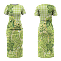 Hawaii Palaka Couples Matching Short Sleeve Bodycon Dress and Long Sleeve Button Shirt Cute Green Mango Turtle On The Waves