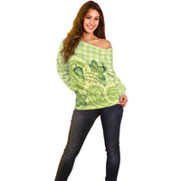 Hawaii Palaka Off Shoulder Sweater Cute Green Mango Turtle On The Waves