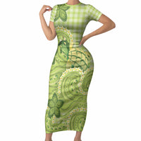Hawaii Palaka Short Sleeve Bodycon Dress Cute Green Mango Turtle On The Waves