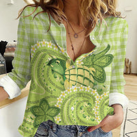 Hawaii Palaka Women Casual Shirt Cute Green Mango Turtle On The Waves