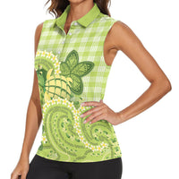 Hawaii Palaka Women Sleeveless Polo Shirt Cute Green Mango Turtle On The Waves
