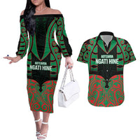 Custom Aotearoa Ngati Hine Couples Matching Off The Shoulder Long Sleeve Dress and Hawaiian Shirt Maori Pattern New Zealand - Polynesian Pride