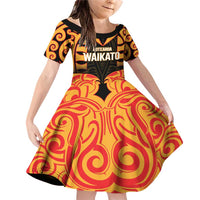 Custom Aotearoa Waikato Family Matching Off Shoulder Short Dress and Hawaiian Shirt Maori Pattern New Zealand DT05 Daughter's Dress Orange - Polynesian Pride