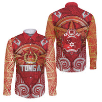 Tonga King's Birthday Family Matching Off Shoulder Maxi Dress and Hawaiian Shirt Gold Royal Crown Tribal Patterns DT05 Dad's Shirt - Long Sleeve Red - Polynesian Pride