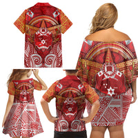 Tonga King's Birthday Family Matching Off Shoulder Short Dress and Hawaiian Shirt Gold Royal Crown Tribal Patterns DT05 Mom's Dress Red - Polynesian Pride