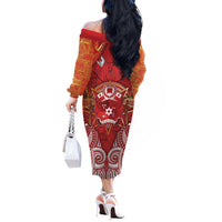 Tonga King's Birthday Off The Shoulder Long Sleeve Dress Gold Royal Crown Tribal Patterns DT05 - Polynesian Pride