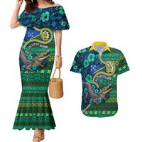Personalised Solomon Islands Independence Day Couples Matching Mermaid Dress and Hawaiian Shirt Crocodile Hibiscus Tribal Pattern