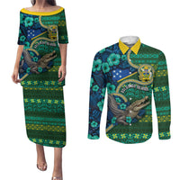 Personalised Solomon Islands Independence Day Couples Matching Puletasi and Long Sleeve Button Shirt Crocodile Hibiscus Tribal Pattern DT05 Green - Polynesian Pride