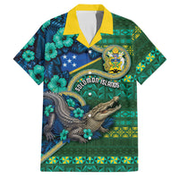 Personalised Solomon Islands Independence Day Family Matching Off Shoulder Short Dress and Hawaiian Shirt Crocodile Hibiscus Tribal Pattern