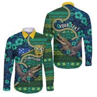 Personalised Solomon Islands Independence Day Family Matching Off Shoulder Short Dress and Hawaiian Shirt Crocodile Hibiscus Tribal Pattern DT05 Dad's Shirt - Long Sleeve Green - Polynesian Pride